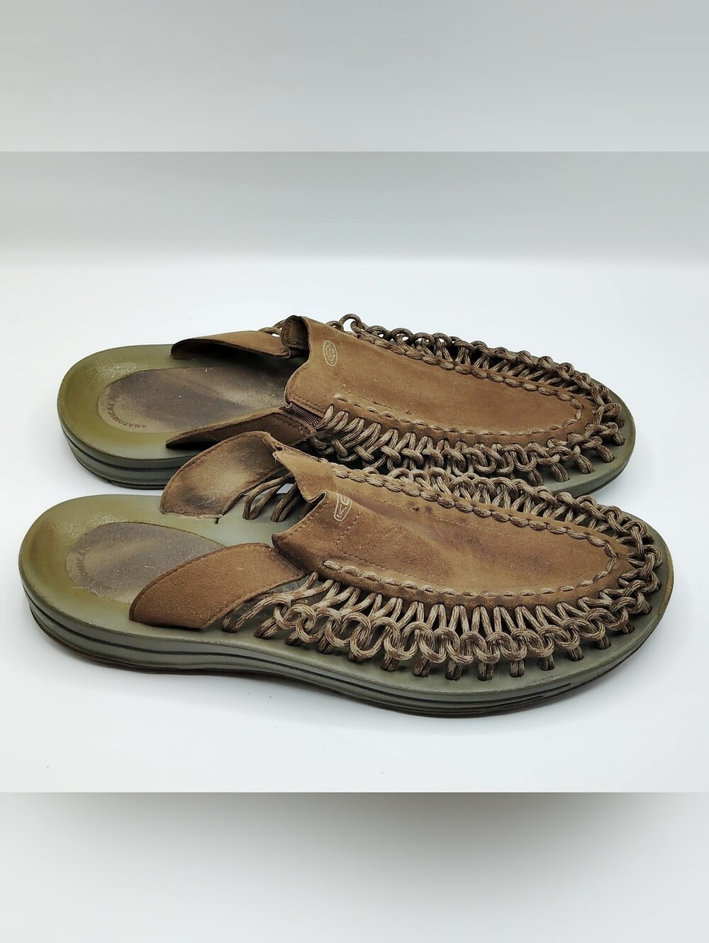 Keen Brown Braided Leather Slide Sandals with Olive Footbed